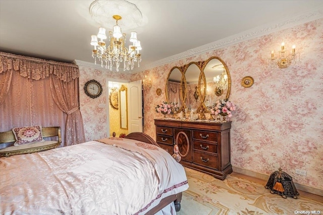 bedroom with ornamental molding and a chandelier