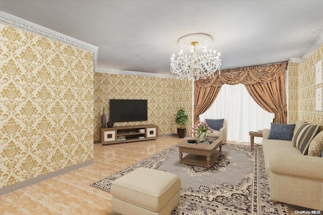 living room featuring a chandelier, wood-type flooring, and ornamental molding