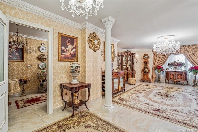 corridor with ornate columns, crown molding, and a notable chandelier