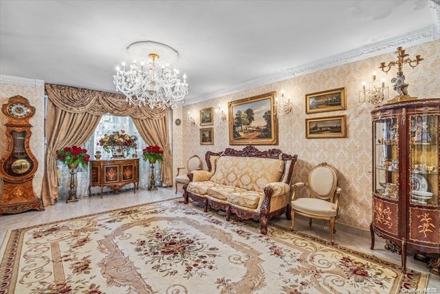 living area featuring crown molding and an inviting chandelier