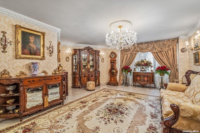 living area with crown molding and a chandelier