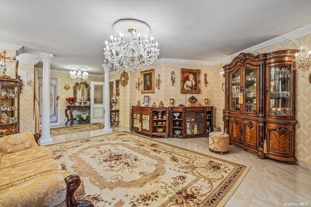 dining space featuring decorative columns, crown molding, and an inviting chandelier