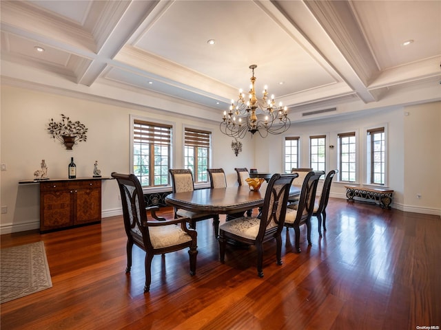 dining space with ornamental molding, coffered ceiling, beamed ceiling, a chandelier, and dark hardwood / wood-style floors