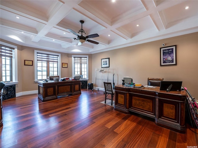 office space with beam ceiling, dark hardwood / wood-style flooring, crown molding, and coffered ceiling