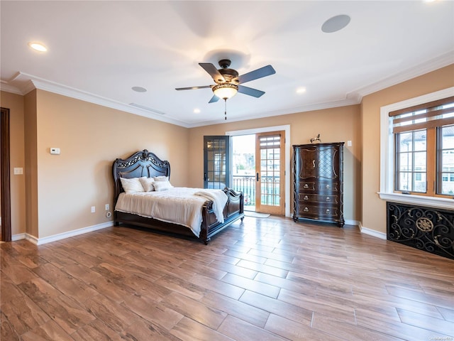 bedroom with hardwood / wood-style flooring, ceiling fan, access to exterior, and crown molding