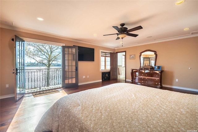 bedroom featuring access to outside, ceiling fan, dark wood-type flooring, and ornamental molding