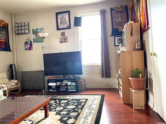 living room with radiator heating unit and dark hardwood / wood-style flooring