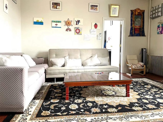 living room featuring radiator heating unit and dark hardwood / wood-style floors