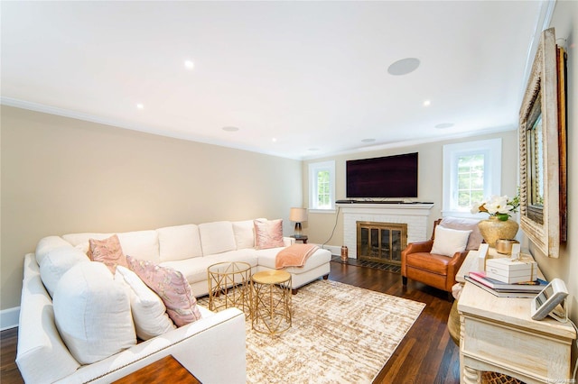 living room with a fireplace, dark wood-type flooring, and ornamental molding