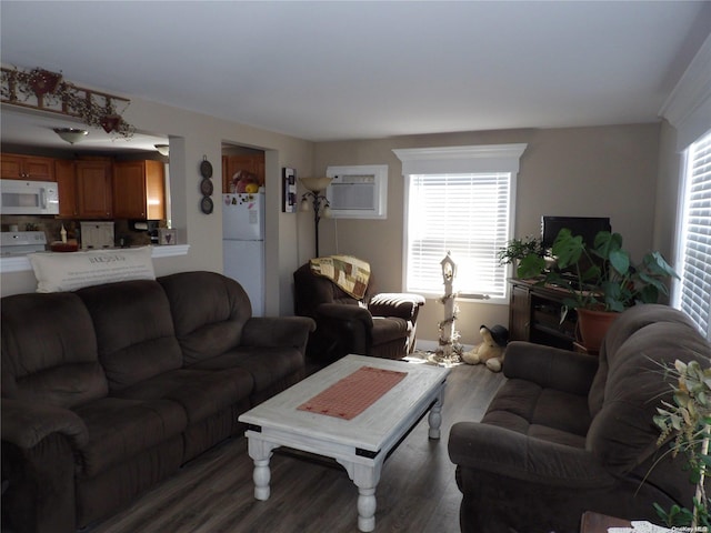 living room featuring hardwood / wood-style floors and an AC wall unit