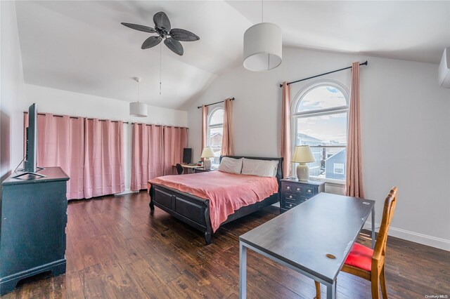 bedroom with ceiling fan, dark hardwood / wood-style floors, and vaulted ceiling