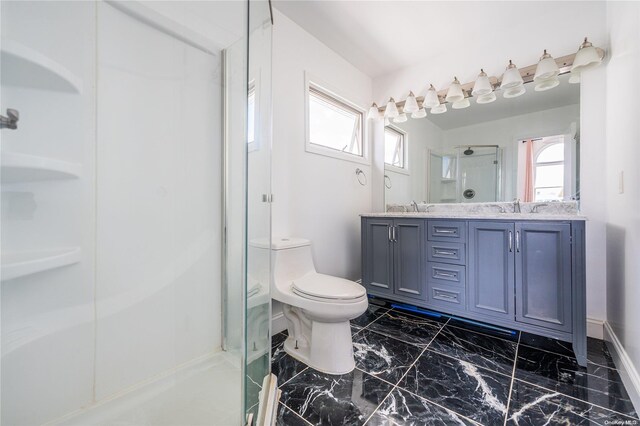 bathroom featuring toilet, vanity, and walk in shower