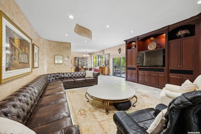 living room with a chandelier