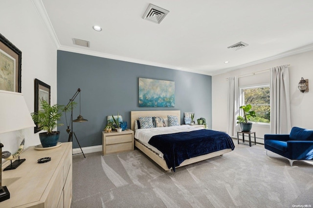 bedroom with carpet flooring, crown molding, and baseboard heating