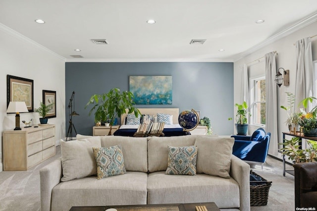 living room with light carpet and crown molding