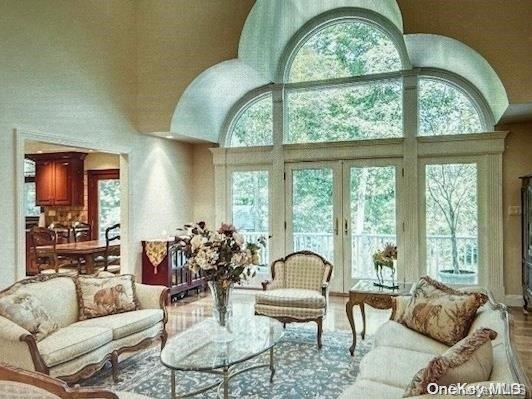 living room with french doors, hardwood / wood-style flooring, and a healthy amount of sunlight