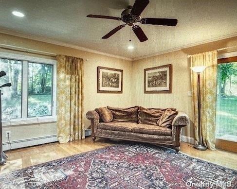 living area with ceiling fan, ornamental molding, a baseboard radiator, and hardwood / wood-style flooring