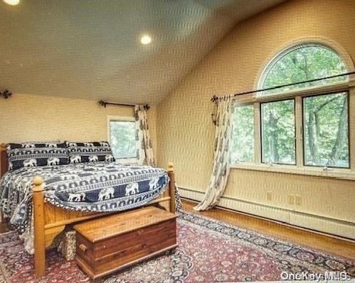 bedroom featuring hardwood / wood-style flooring, vaulted ceiling, and baseboard heating