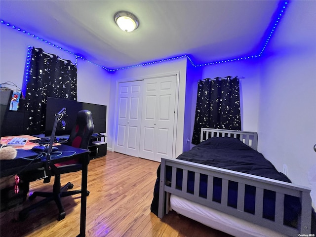 bedroom with wood-type flooring and a closet