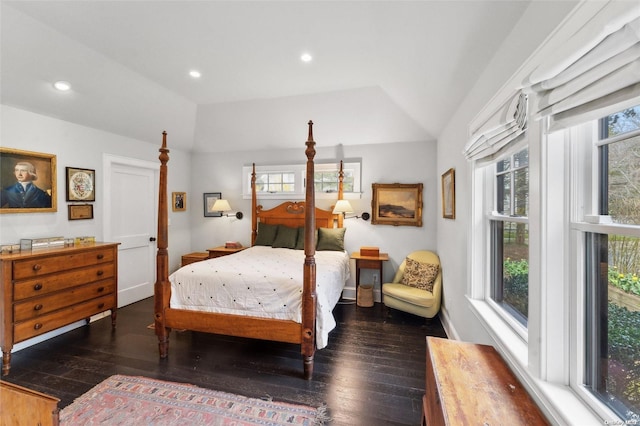 bedroom with multiple windows, lofted ceiling, and dark hardwood / wood-style floors