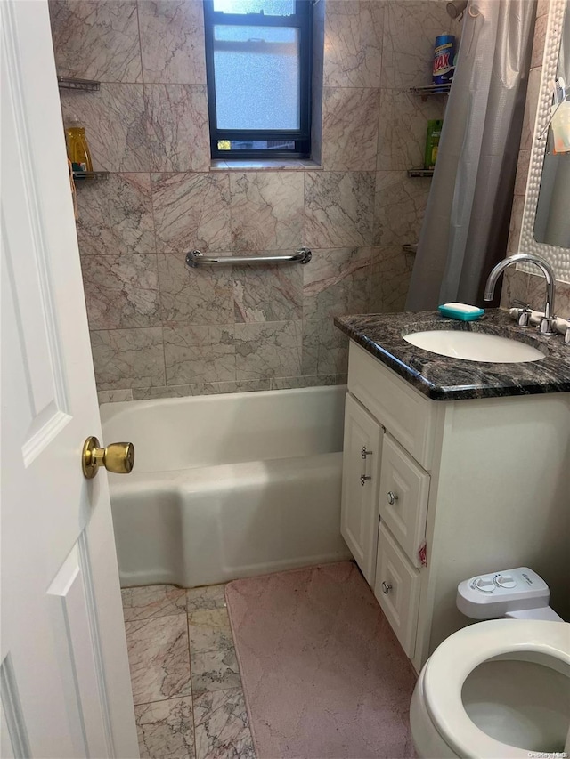 bathroom with vanity and shower / bath combination with curtain