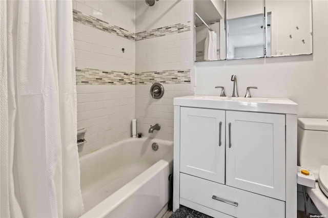 bathroom with vanity and shower / bath combination with curtain