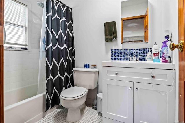 full bathroom featuring tile patterned flooring, shower / bath combination with curtain, toilet, and vanity