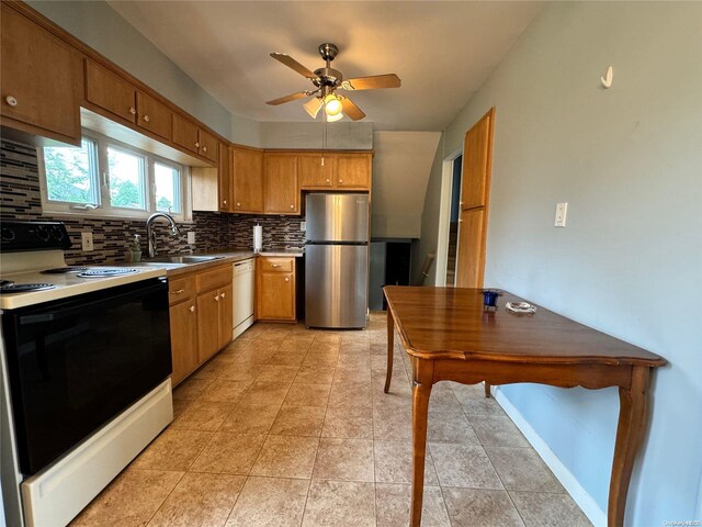 kitchen featuring backsplash, white appliances, ceiling fan, sink, and light tile patterned flooring