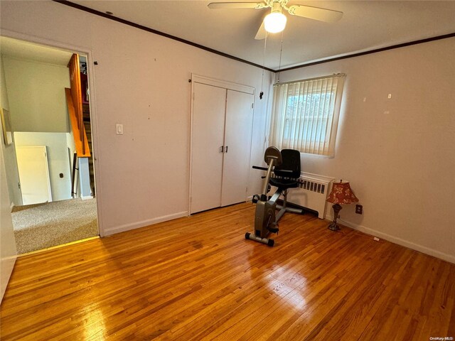 workout room with ceiling fan, light hardwood / wood-style floors, and ornamental molding