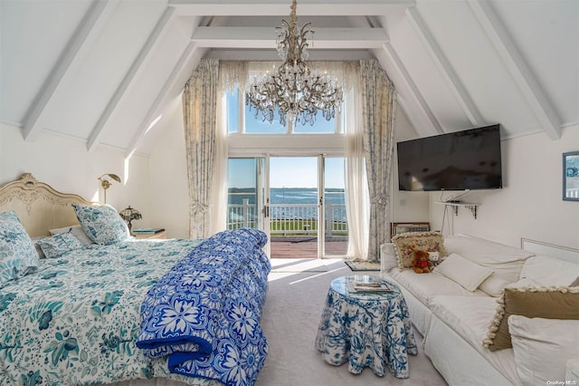 carpeted bedroom with beam ceiling, access to exterior, high vaulted ceiling, and a chandelier