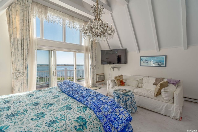 bedroom with access to exterior, high vaulted ceiling, beamed ceiling, carpet floors, and a chandelier