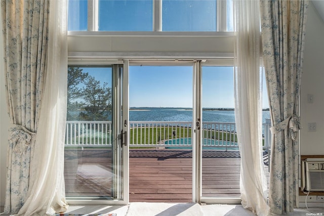 doorway to outside with hardwood / wood-style floors and a water view