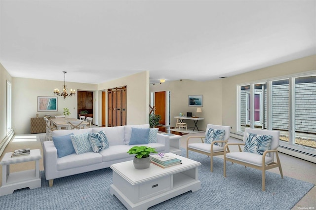 carpeted living room with a baseboard radiator and a notable chandelier