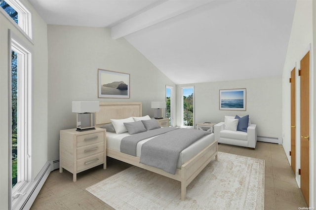 bedroom with lofted ceiling with beams and baseboard heating