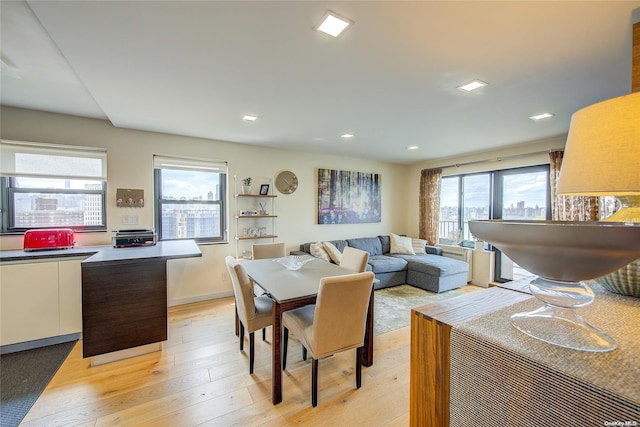 dining area featuring a healthy amount of sunlight and light hardwood / wood-style flooring