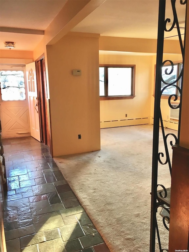 hall with a wealth of natural light and dark colored carpet