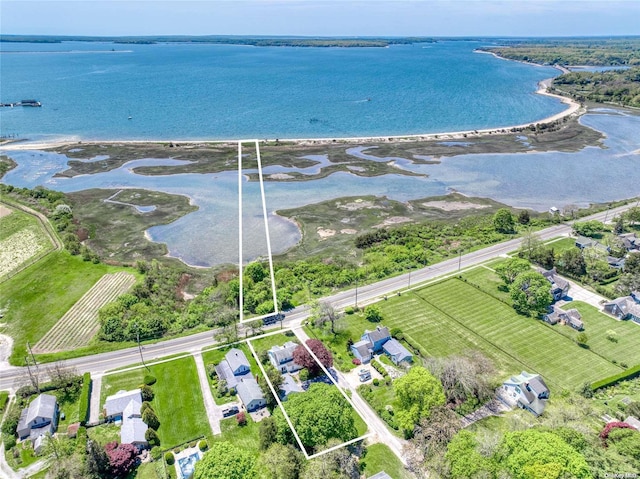 bird's eye view with a water view