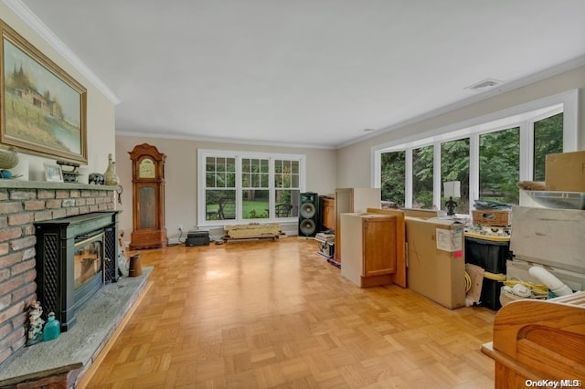 office space with light parquet flooring, ornamental molding, and a fireplace