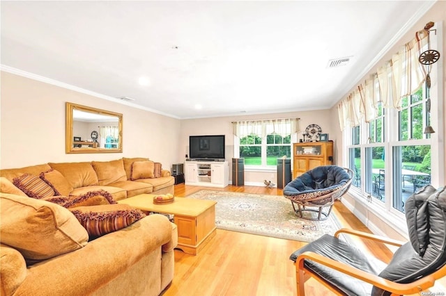 living room featuring crown molding and light hardwood / wood-style flooring