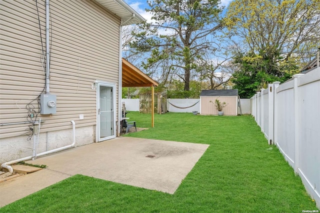 view of yard featuring a patio and a storage shed