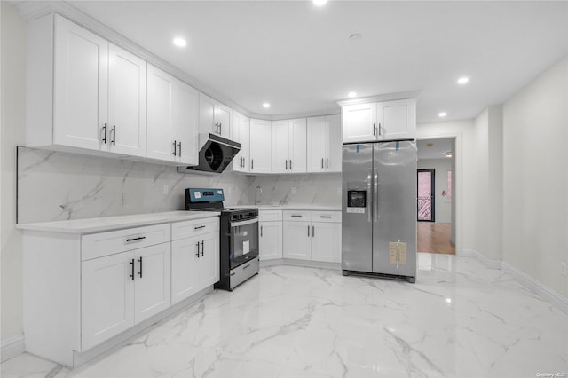 kitchen featuring ventilation hood, white cabinetry, stainless steel refrigerator with ice dispenser, and black electric range