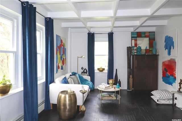 sitting room with beam ceiling, wood-type flooring, a baseboard heating unit, and coffered ceiling