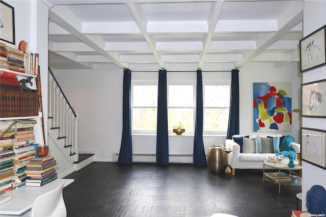 interior space featuring beam ceiling, dark parquet floors, a baseboard radiator, and coffered ceiling