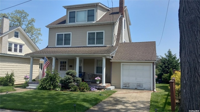 view of front facade with a porch, a garage, and a front lawn