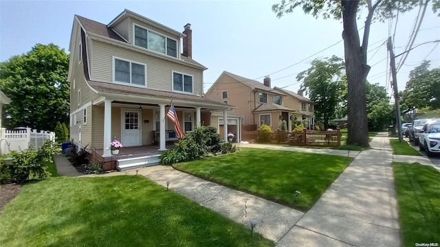 view of front of property featuring covered porch and a front yard