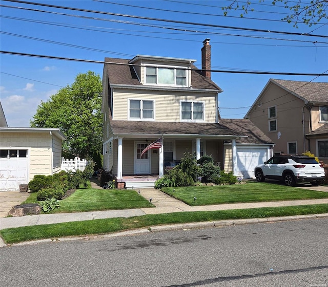 view of front of home featuring covered porch, a garage, and a front yard