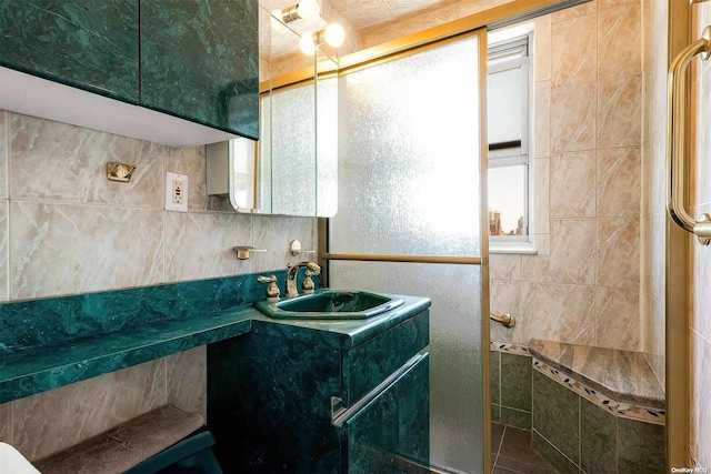 bathroom with vanity and walk in shower