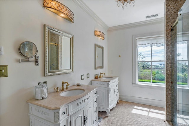 bathroom featuring crown molding, vanity, and an enclosed shower