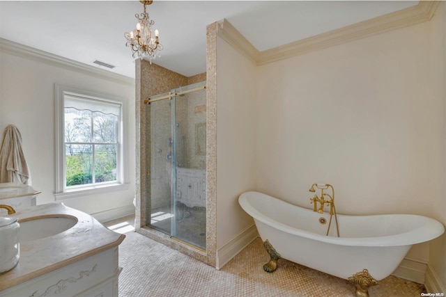 bathroom with tile patterned floors, ornamental molding, vanity, an inviting chandelier, and shower with separate bathtub