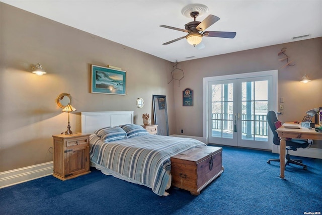 bedroom featuring ceiling fan, dark carpet, access to exterior, and french doors